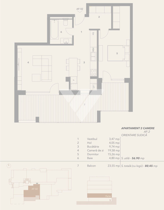 Apartament 2 camere 57 mp utili cu  balcon 24mp  - zona Turnisor Sibiu