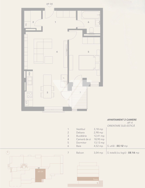 Apartament 2 camere 55 mp utili cu boxa parter  - zona Turnisor Sibiu