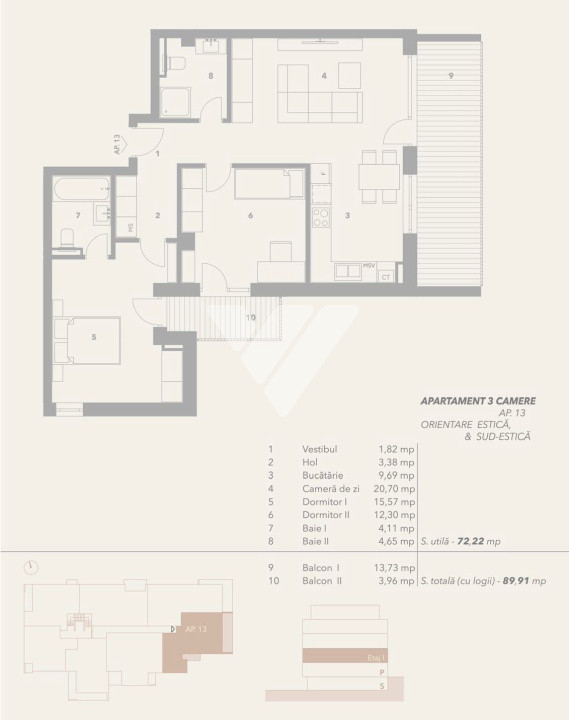 Apartament 3 camere 72 mp 2 balcoane 18 mp etaj 1  - zona Turnisor Sibiu