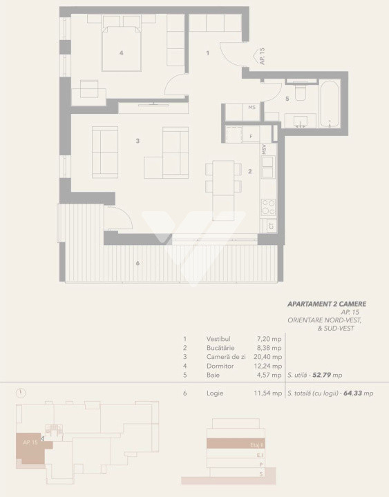 Apartament 2 camere 53 mp utili balcon etaj 2  - zona Turnisor Sibiu