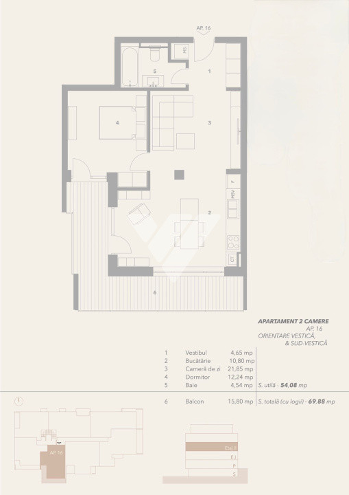 Apartament 2 camere 54 mp utili balcon 16 mp etaj 2  - zona Turnisor Sibiu