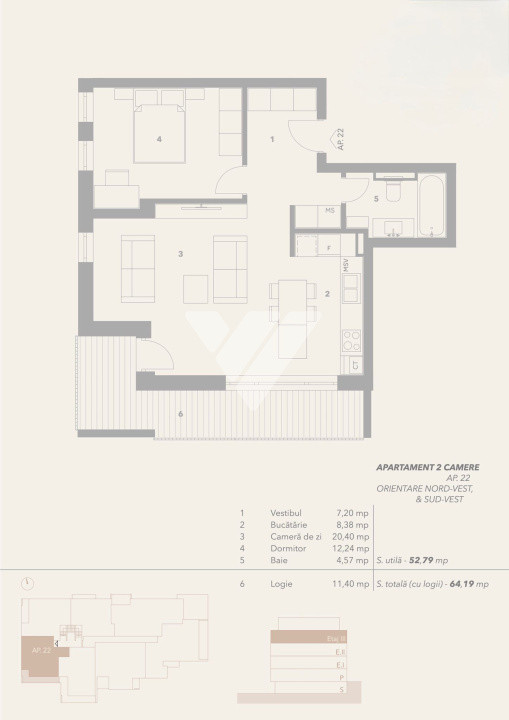 Apartament 2 camere 53 mp utili balcon etaj 3 cu lift  - zona Turnisor Sibiu