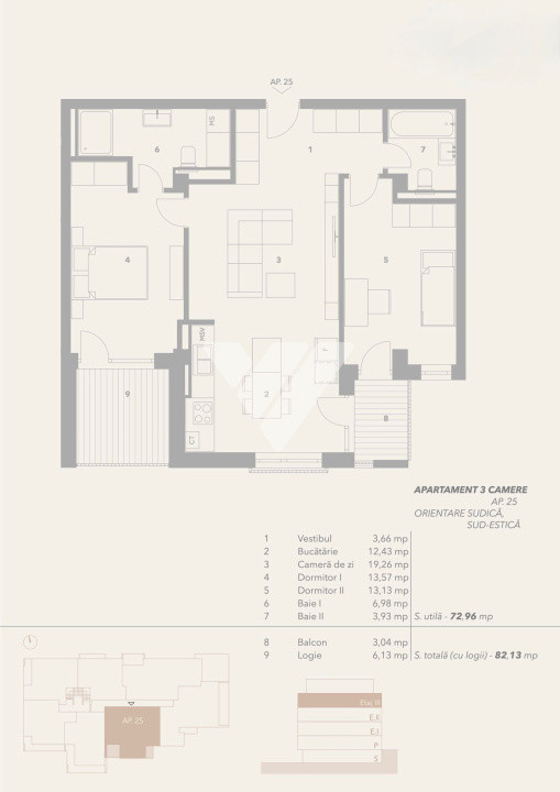 Apartament 3 camere 73mp utili etaj 3 si două balcoane- zona Turnisor Sibiu