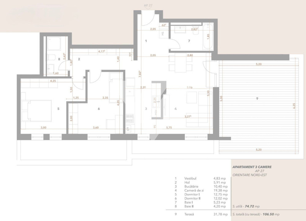 Apartament 3 camere 75 mp utili terasa 32mp şi boxă - zona Turnisor Sibiu