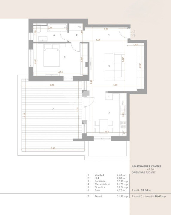 Apartament 3 camere 59 mp utili terasa 32mp parcare - zona Turnisor Sibiu