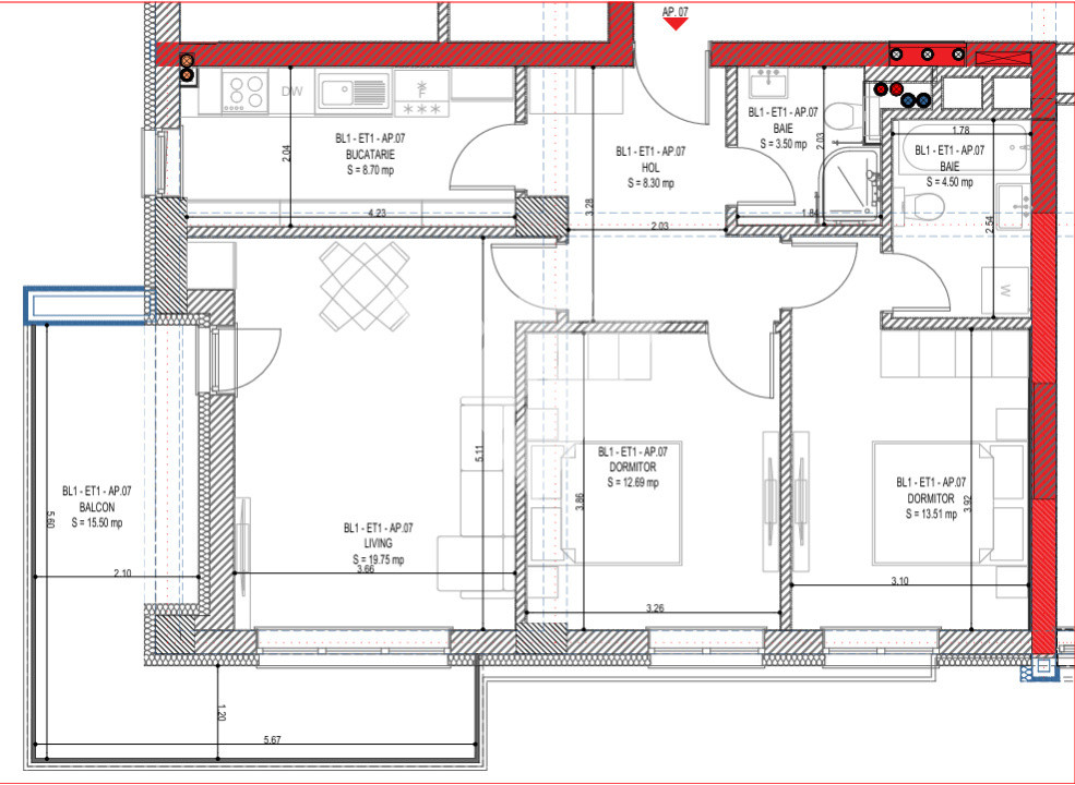 Apartament 3 camere 68 mp utili etaj 1- zona Calea Surii Mici