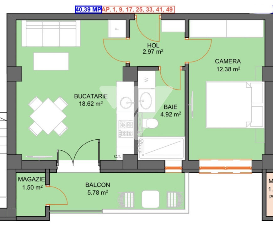 Apartament 2 camere 40 mp balcon parcare si lift - Doamna Stanca