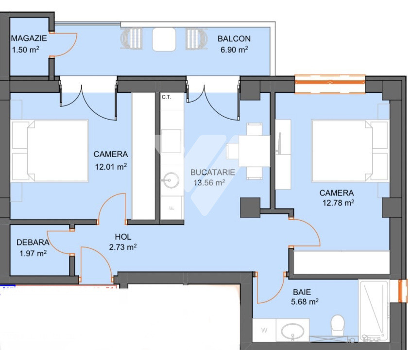 Apartament 2 camere 50 mp, parter inalt, balcon, parcare Doamna Stanca