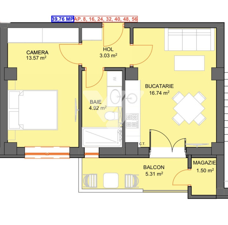 Apartament 2 camere 45 mp, etaj 1, garaj subteran Doamna Stanca