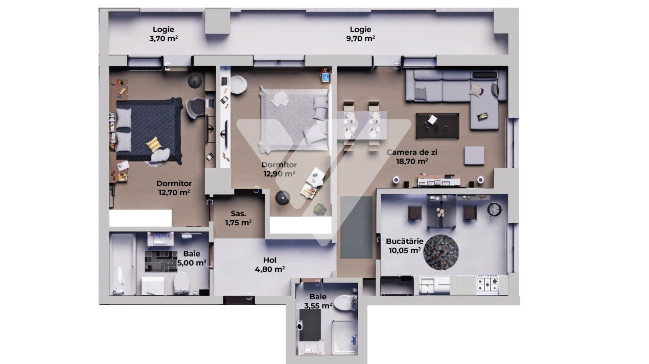  Apartament 3 camere 70 mp bucatarie separata, etaj 1 zona Vest Sibiu