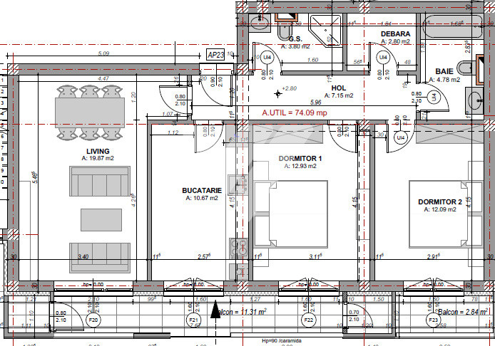 Apartament spatios 3 camere 2 bai 74 mp si balcon - zona Doamna Stanca